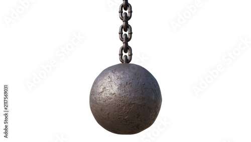 Heavy metal wrecking ball with thick chain, isolated on transparent background