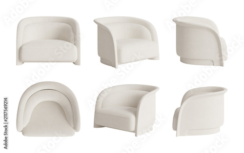 Isolated White Fabric Lounge Chair Pack – Multi-Angle Set with Orthographic Views (3D Rendering)