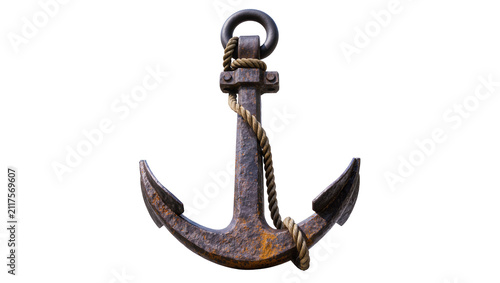 Fotografie Rusty metal anchor with thick rope, isolated on transparent background