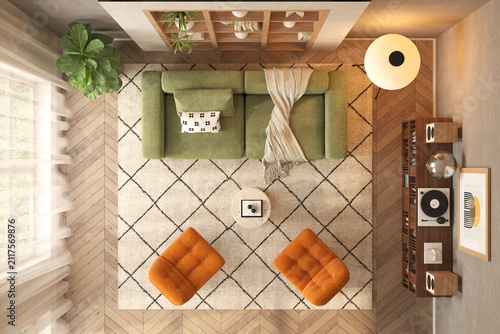 Mid century style conceptual dopamine interior room top view
