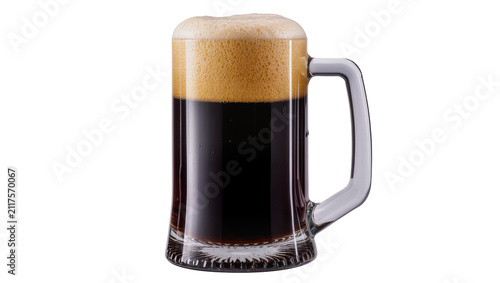 Photography Dark stout beer in a glass mug with thick foam head, isolated on transparent bac