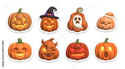 Cute halloween pumpkin stickers collection featuring funny carved faces with glowing expressions rendered in vibrant orange colors against white backgrounds