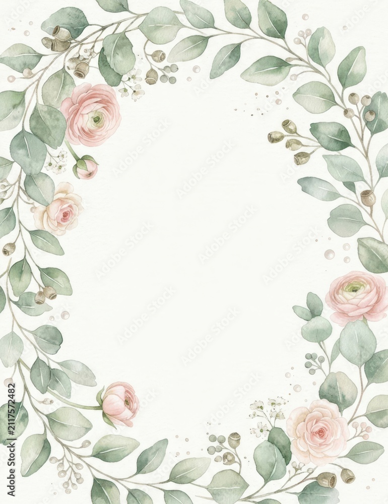 Fototapeta premium Delicate watercolor floral wreath with soft pink roses and eucalyptus leaves