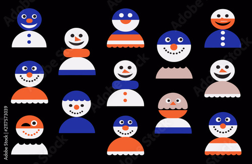 A collection of colorful abstract snowman icons arranged in a grid pattern
