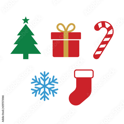 A collection of colorful flat icons representing traditional winter holiday season symbols