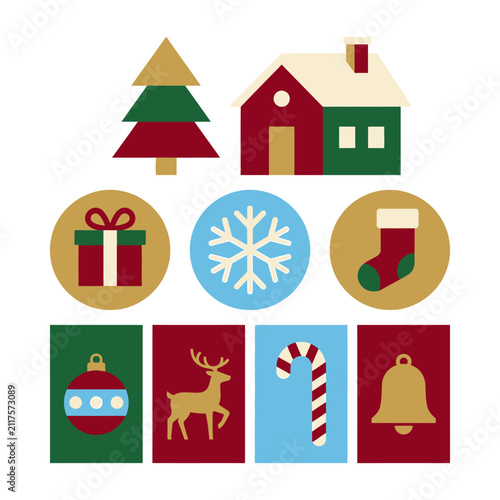 A collection of colorful flat icons featuring classic Christmas holiday symbols and festive decorations