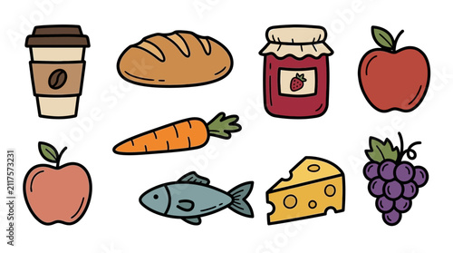 A collection of hand drawn food and drink icons on white