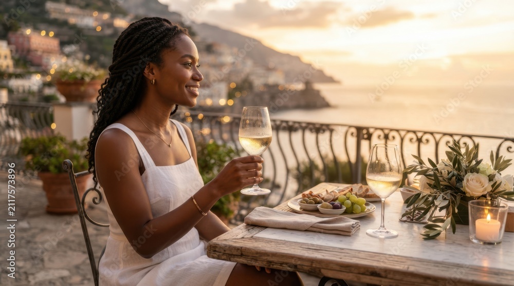 Obraz premium Woman enjoying wine on a terrace overlooking a coastal town at sunset