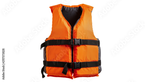Canvas Print Bright orange life vest with black buckles and straps, isolated on transparent b