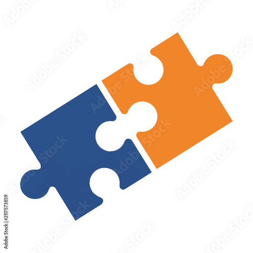 Two interlocking jigsaw puzzle pieces in blue and orange colors representing partnership and synergy teamwork concept