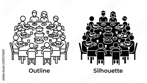 Фотография Family Gathering Meal: An illustration of a family enjoying a meal together at a large table, depicted in both outline and silhouette styles, symbolizing togetherness and shared moments