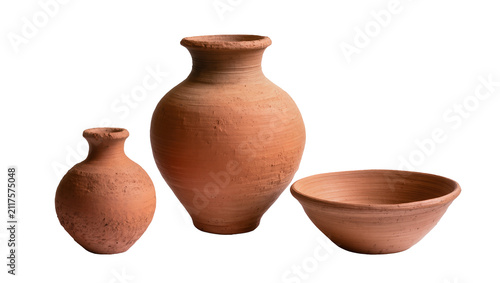 Fotografie Three terracotta pottery vessels a large vase a small vase and a bowl, isolated