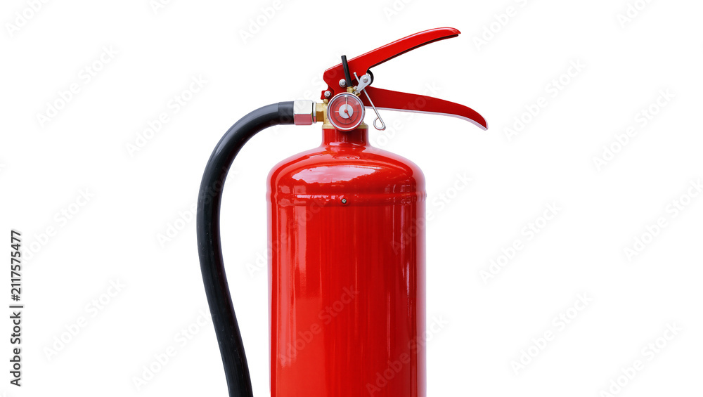 Obraz premium Red fire extinguisher with black hose and lever, isolated on transparent background