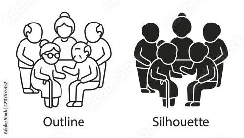 Elderly Group Gathering: An outline and silhouette depiction of a group of elderly individuals in a social gathering, symbolizing community and connection among seniors.