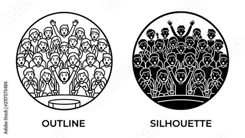 Crowd in Outline and Silhouette: Two circular icons depicting a jubilant crowd of people with arms raised, presented in both a clean outline and a stark silhouette format.