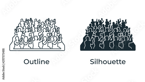 Audience Outline and Silhouette: Two distinct representations of a crowd, one an outline and the other a silhouette, both depicting a group of people cheering.