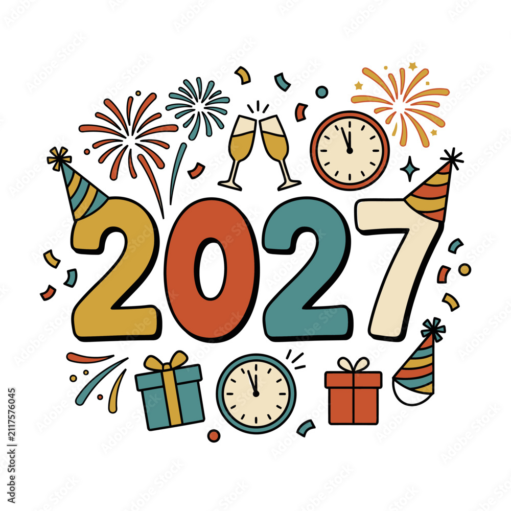 Naklejka premium Colorful hand drawn illustration celebrating the arrival of the year 2027