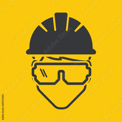 Printable label sign worker wearing hard hat and safety glasses promoting industrial PPE compliance and workplace protection