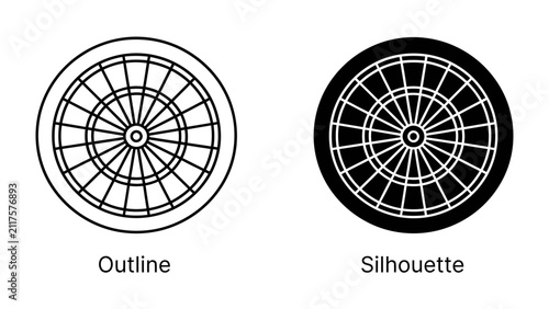 Fotografie Dartboard Iconography: Two representations of a dartboard, one an outline and the other a silhouette, showcase the classic circular target design with radial and concentric divisions