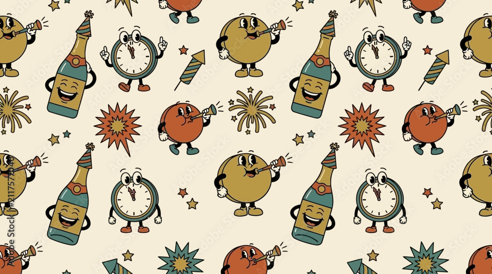 Naklejka premium Retro cartoon celebration pattern featuring happy clock and champagne bottle characters