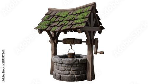 Fotografie Rustic wooden well with mossy roof and stone base, isolated on transparent backg