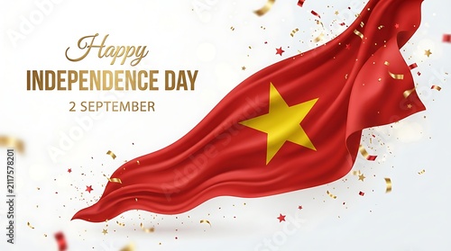 Vietnam independence day celebration background with waving flag and confetti isolated on white background