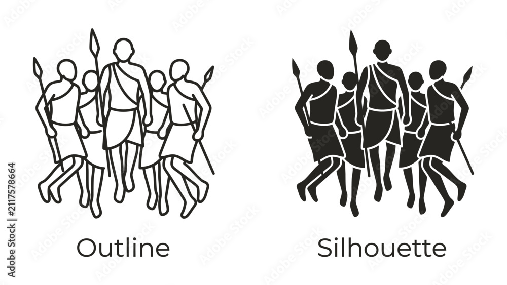 Obraz premium Group of Warriors: A striking graphic featuring two distinct depictions, an outline and a silhouette, of a tribal group holding spears, representing strength and unity.