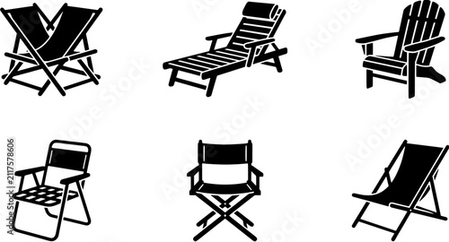 Outdoor furniture icon set in a flat black silhouette style including beach chair, lounge, deck chair, folding seat and director chair.