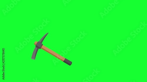 Animated mining pickaxe tool loop on green screen background for gold mining, construction, digging, labor, and motion graphic asset.