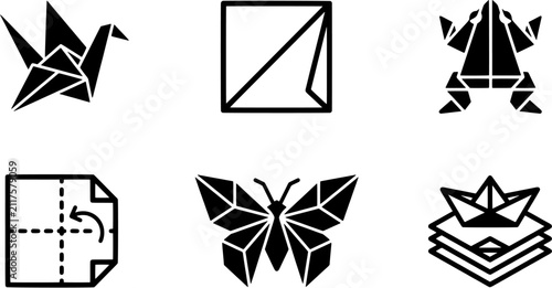 Origami icon set in a flat black silhouette style including paper crane, frog, butterfly, boat, and folding instructions.