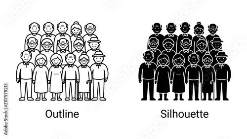 Crowd Collection: A visual comparison showcasing two distinct representations of a group of people: one as an outline and the other as a silhouette.