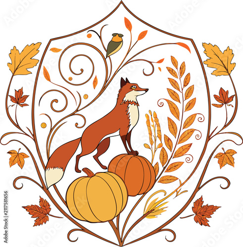 Autumn fox vector illustration, vintage fall harvest crest with pumpkins and maple leaves, rustic woodland animal emblem for thanksgiving decor