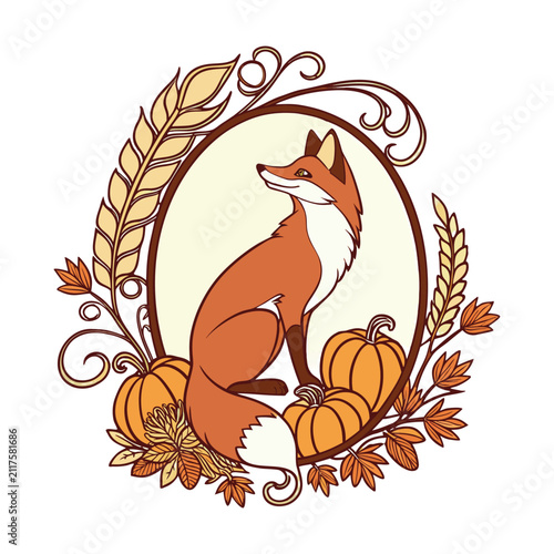 Vintage autumn fox illustration, rustic woodland animal in oval frame with pumpkins and wheat, fall harvest seasonal vector art