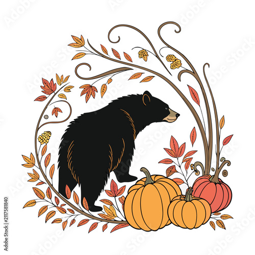 Autumn black bear vector illustration, rustic fall harvest scene with orange pumpkins and colorful leaves, woodland animal wildlife art for seasonal decor