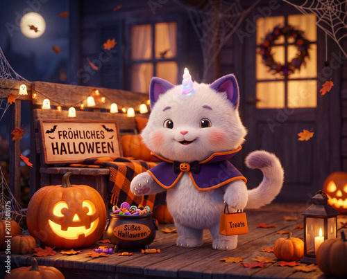 Süße Halloween Katze als Zombie verkleidet, 3D Design
