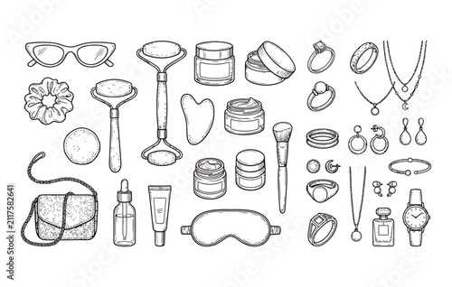 Cosmetics and jewelry doodle illustration pack including facial jade roller serum dropper creams rings earrings and perfume bottle