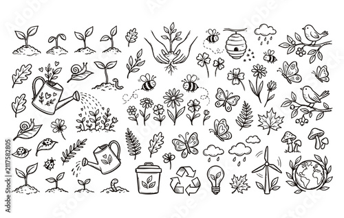 Hand drawn garden and nature elements set featuring watering cans seedlings cute bees butterflies and eco friendly doodles