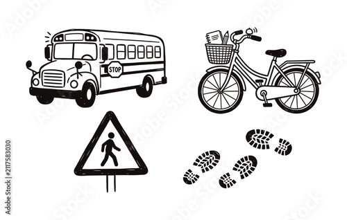 Student commute and travel concept collection showcasing school bus bike with basket road sign and walking footprint tracks in sketch style