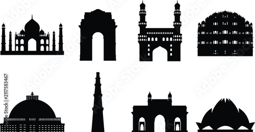 Foto Set of Indian landmark building silhouettes isolated on white background for tra