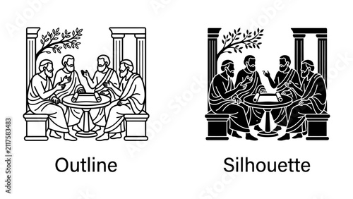 Foto Ancient Greek Philosophers in Discussion: An illustration depicting a group of figures in ancient Greek attire engaged in deep philosophical discourse around a table