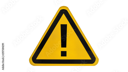 Konstfotografi Yellow triangular warning sign with black exclamation mark, isolated on transpar