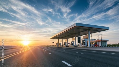 Long highway gas station stop with multiple pumps and road stretching into horizon, travel concept, bright sunny sky