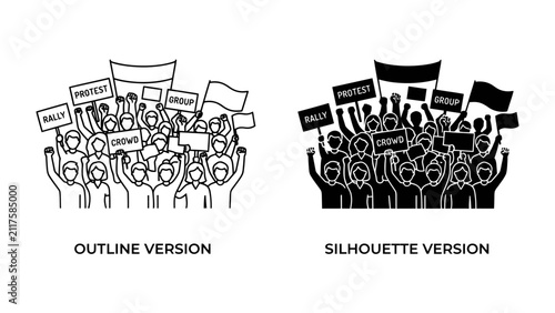 фотографія Protest and Rally: Two illustrative styles, outline and silhouette, depict a crowd of people holding signs and banners, engaged in a collective demonstration or protest