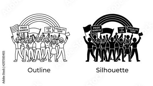 Equality March: Two stylized depictions, one outlined and one silhouetted, showcase a vibrant crowd participating in a pride march.