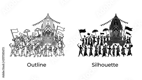 Festival Procession: A lively festival procession with a decorated chariot and a multitude of people carrying flags and umbrellas, depicted in both outline and silhouette styles.
