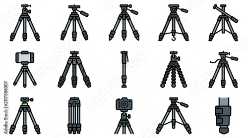 Collection of various camera tripods and monopods for photography and videography.