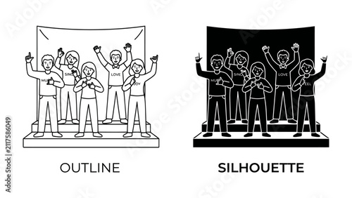Bild auf Leinwand Crowd of People: Two illustrations, one outline and one silhouette, depicting a group of people with raised arms and a banner behind them, representing protest or celebration