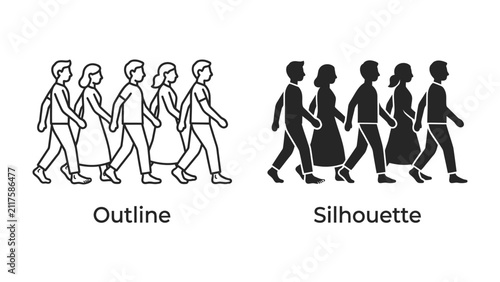 Принти на полотні People Walking in Line: Two distinct styles, outline and silhouette, depict a group of people walking in a coordinated line, symbolizing unity and shared movement