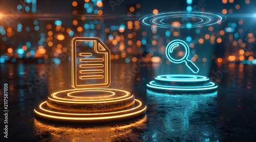 Futuristic digital document search, Neon glowing data icons, High tech search and file icons on pedestals