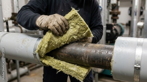 Technician Installing Thermal Pipe Insulation for Energy Efficiency in Industrial Infrastructure Systems